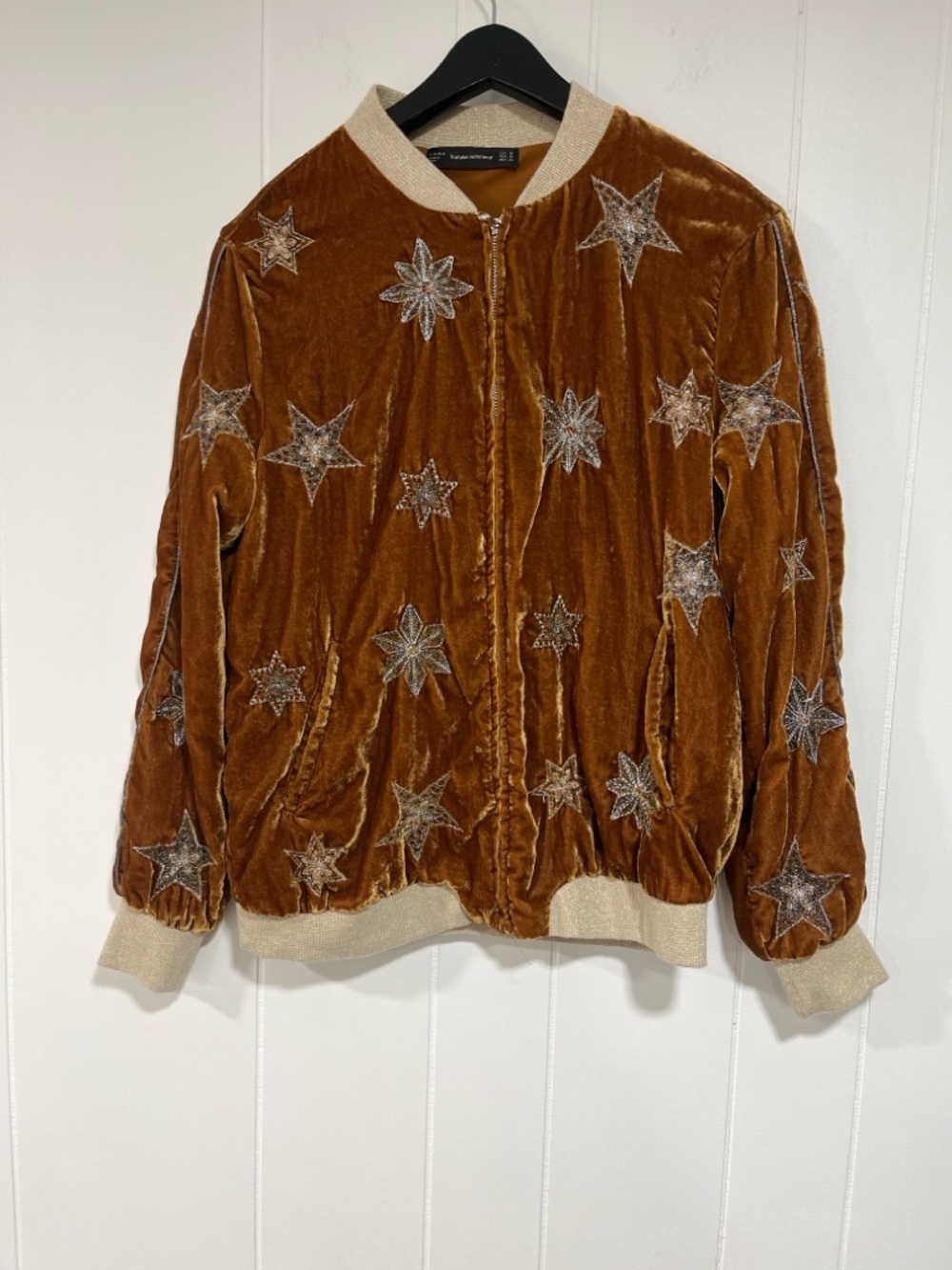 ZARA Trafaluc Velvet Star Embroidered Bomber Jacket Gold Brown M - Picture 6 of 10